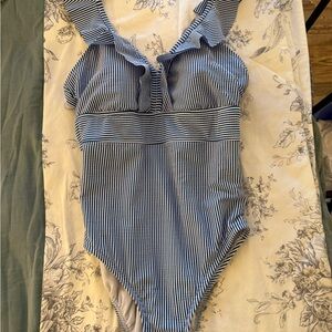 Time and Tru Blue and White Striped One Piece Swimsuit